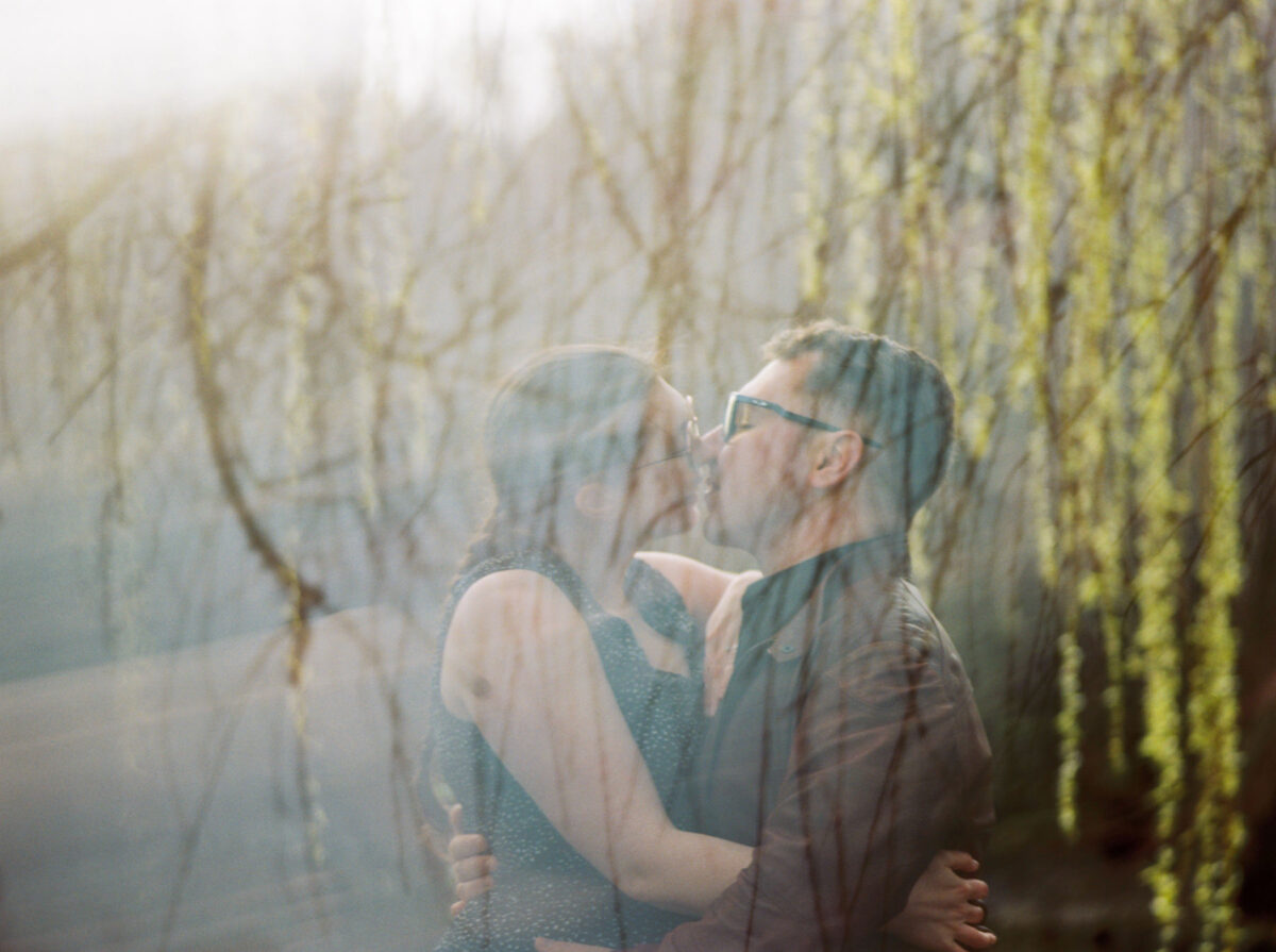 A creative couples engagement portrait of a man and a woman kissing with reflections of a willow tree. This photo was taken with Portra 400 120mm film using a Pentax 645 medium format camera in Victoria BC