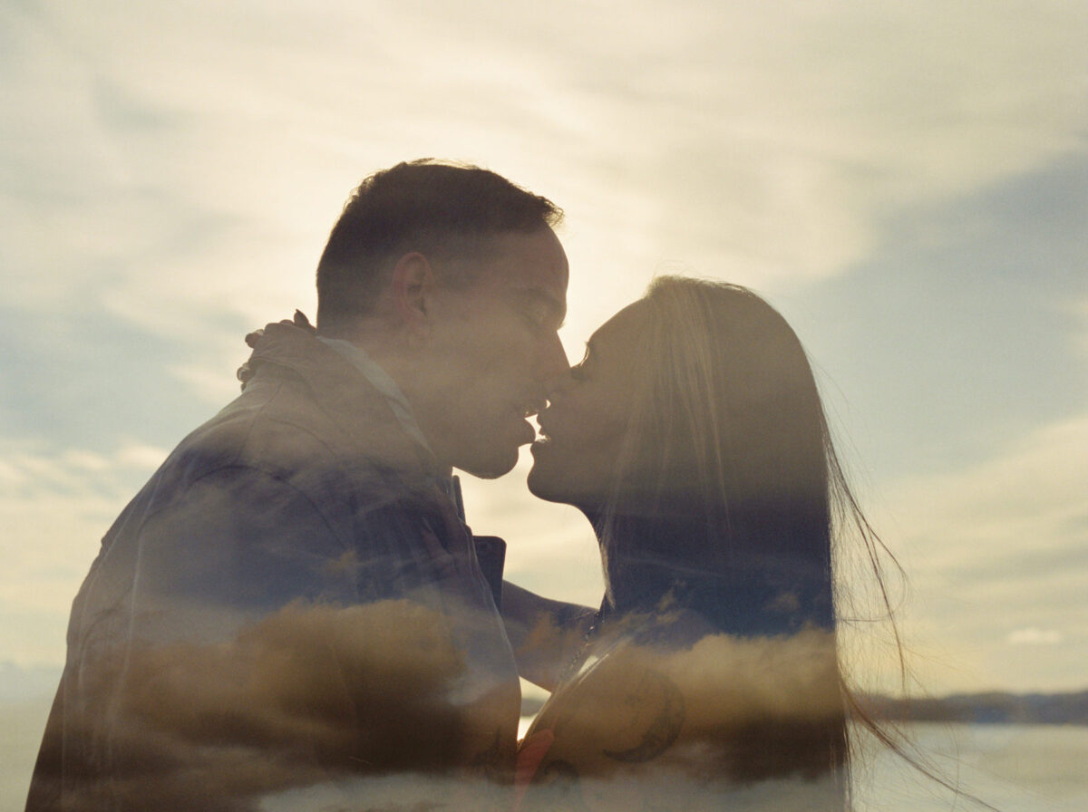 An engagement portrait double exposure taken at Macaulay Point Park in Victoria at the ocean at sunset. 