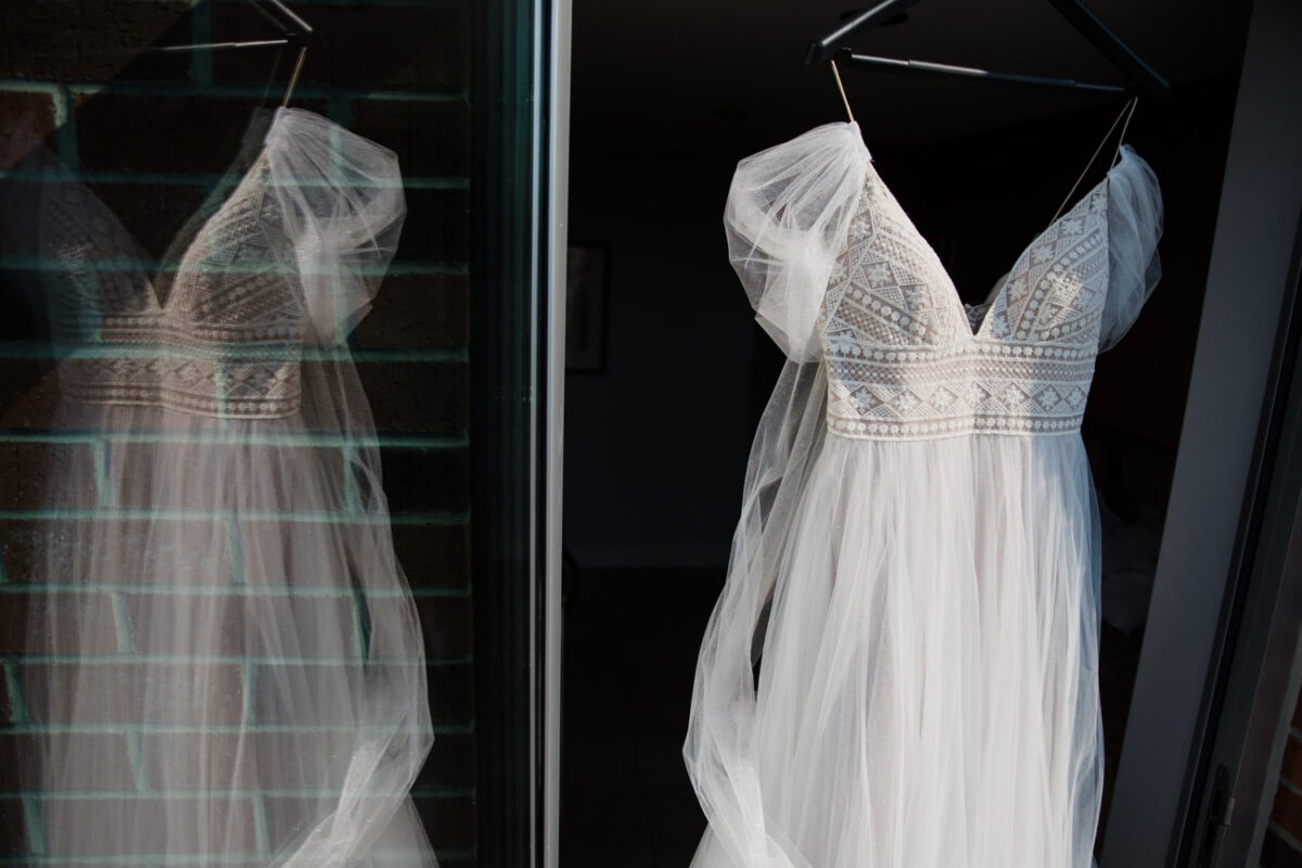 Boho wedding dress displayed at the Parkside Hotel in Victoria