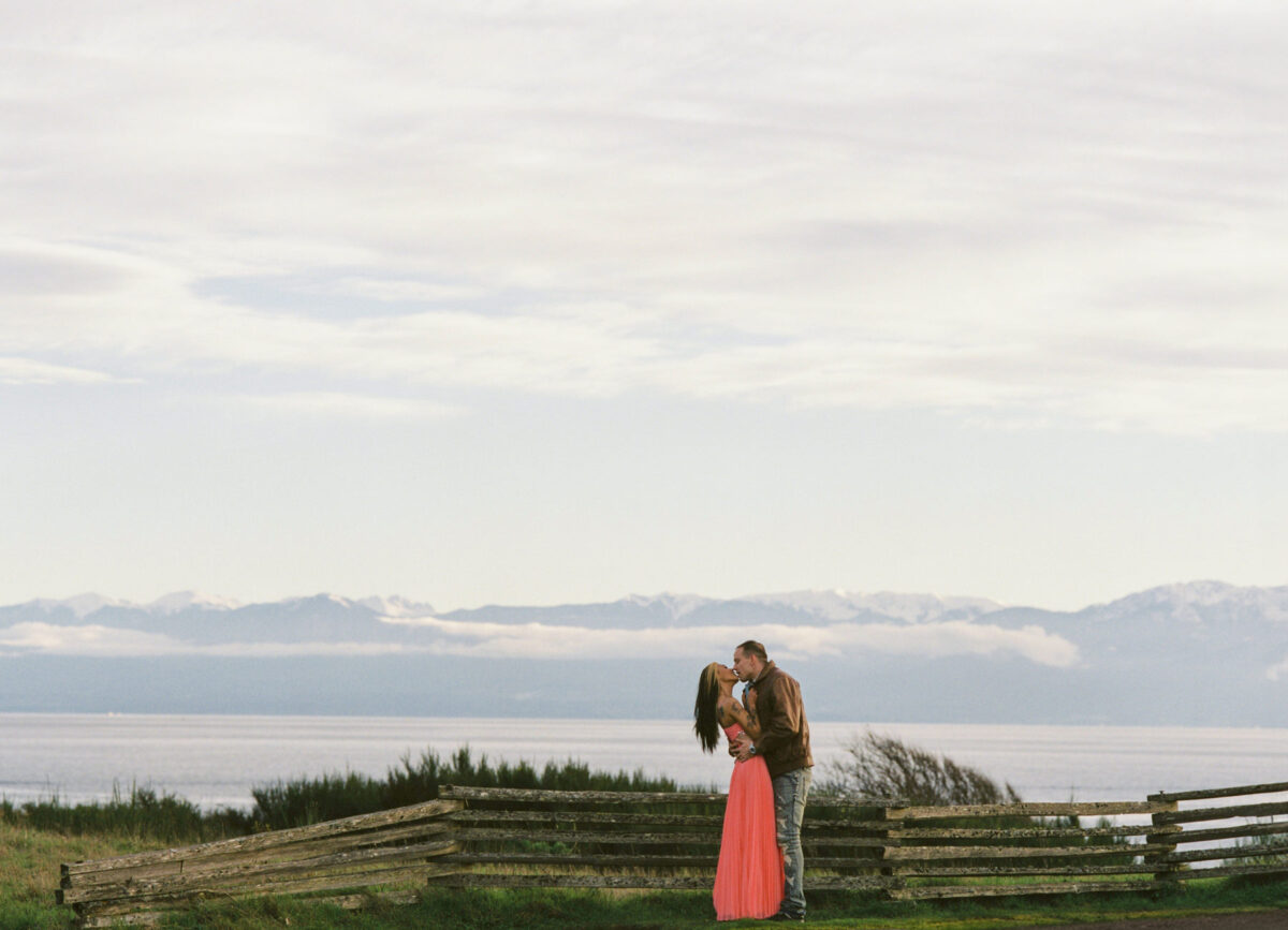 Photo taken with expired film showing the Olympic Mountains in the background at Macaulay Point ocean park in Victoria