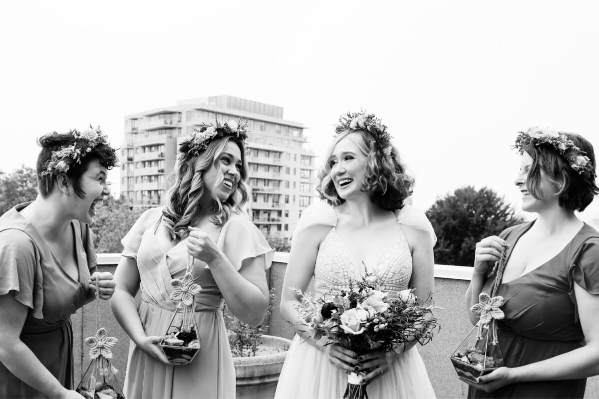 A black and white bridal party photo