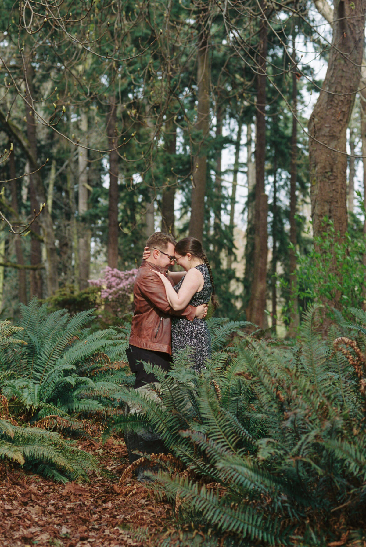 Beacon Hill Park Victoria BC photo of a couple surrounded by ferns in the forested area of the park. This photo was taken with Kodak Portra 400 35mm film. 