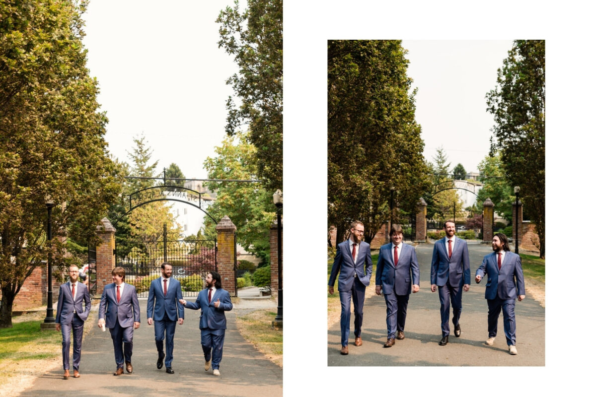 St. Anns Academy wedding photography of groom and groomsmen wearing blue with maroon ties walking up the driveway