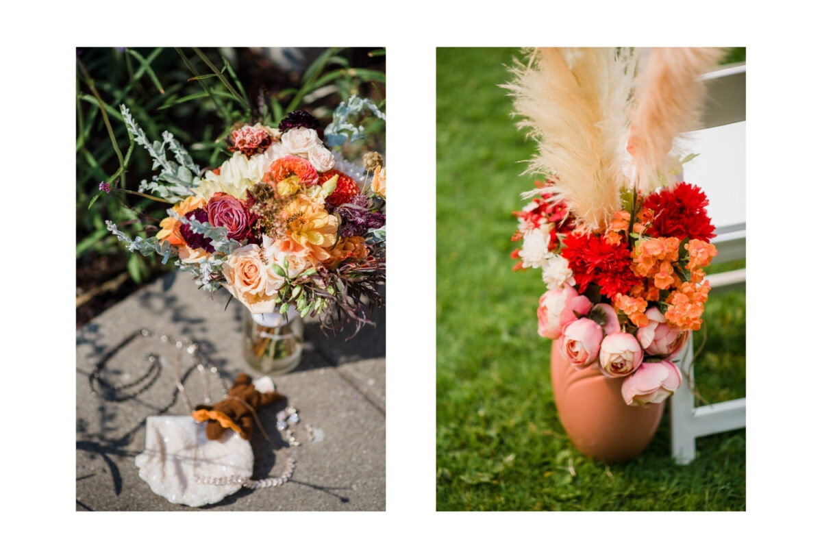 Handmade boho wedding details including flowers and paper flowers and feathers and bouquet at beacon hill park