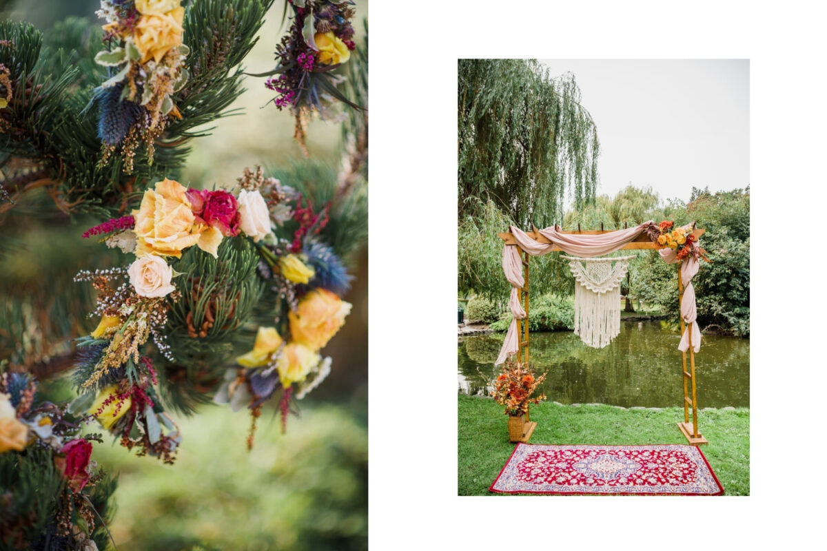 handmade macrame boho hanging details on the altar and homemade florals at Beacon Hill Park wedding