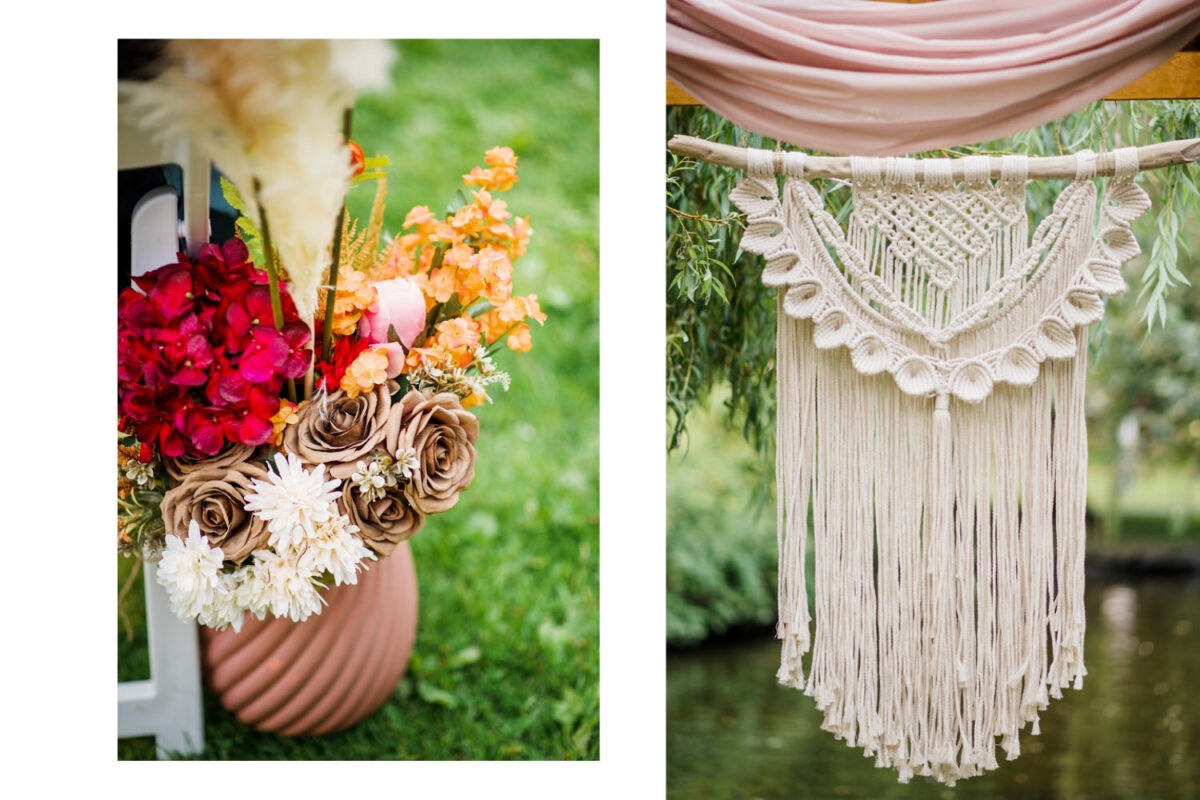 Closeup of paper flowers in a vase and homemade macrame hanging detail at Beacon Hill Park