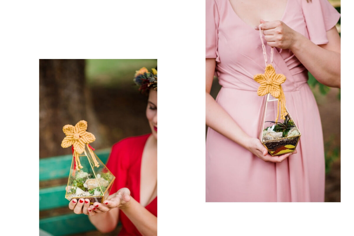 Bridemaids holding the homemade terrariums they will use as their bouquets as they walk up the aisle in Beacon Hill Park