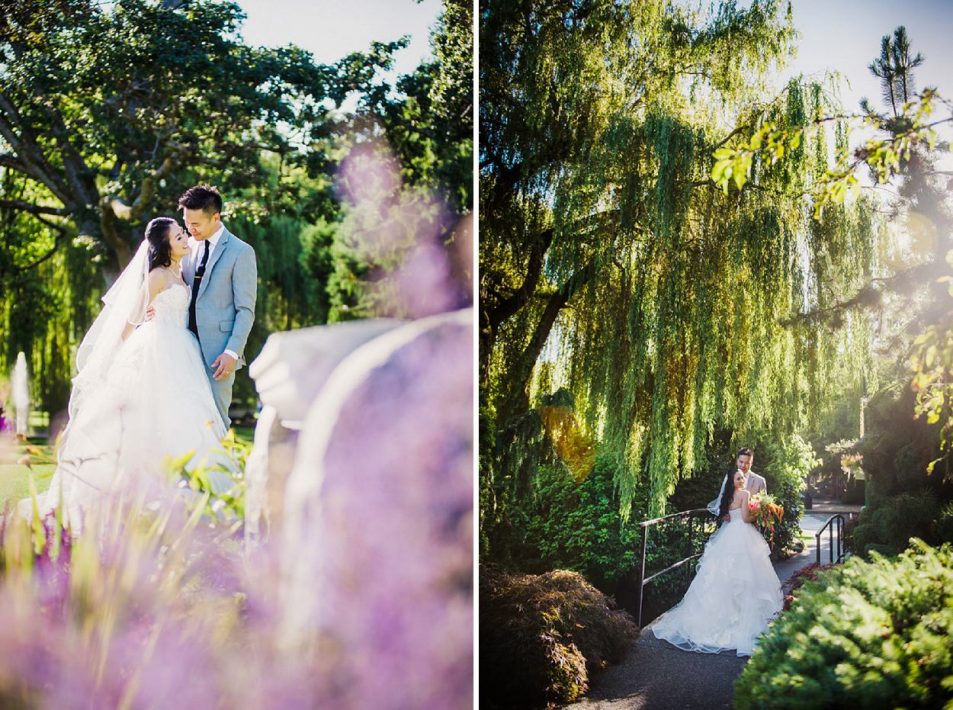 Wedding portraits at Beacon HIll Park in the gardens with a Hailey Paige Gown