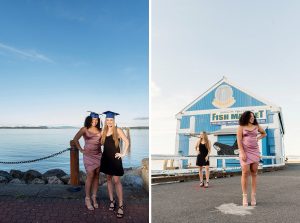 Two friends wear grad caps during their fashion prom portrait session in Victoria BC at Sidney Pier.