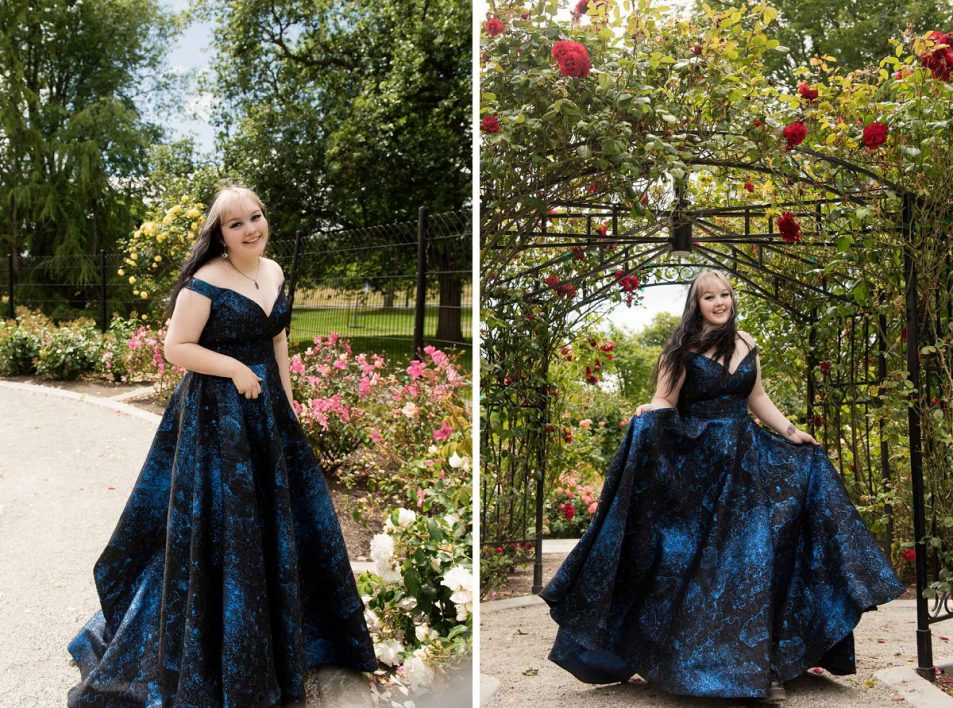 Blue prom dress goth graduation portrait Beacon HIll Park Victoria BC
