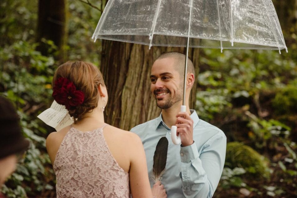 See-through clear umbrellas incorporated into a wedding elopement in Victoria