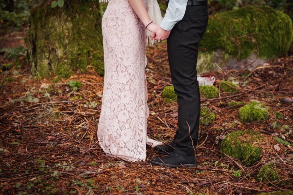 A pink wedding dress during a wedding ceremony in Victoria BC