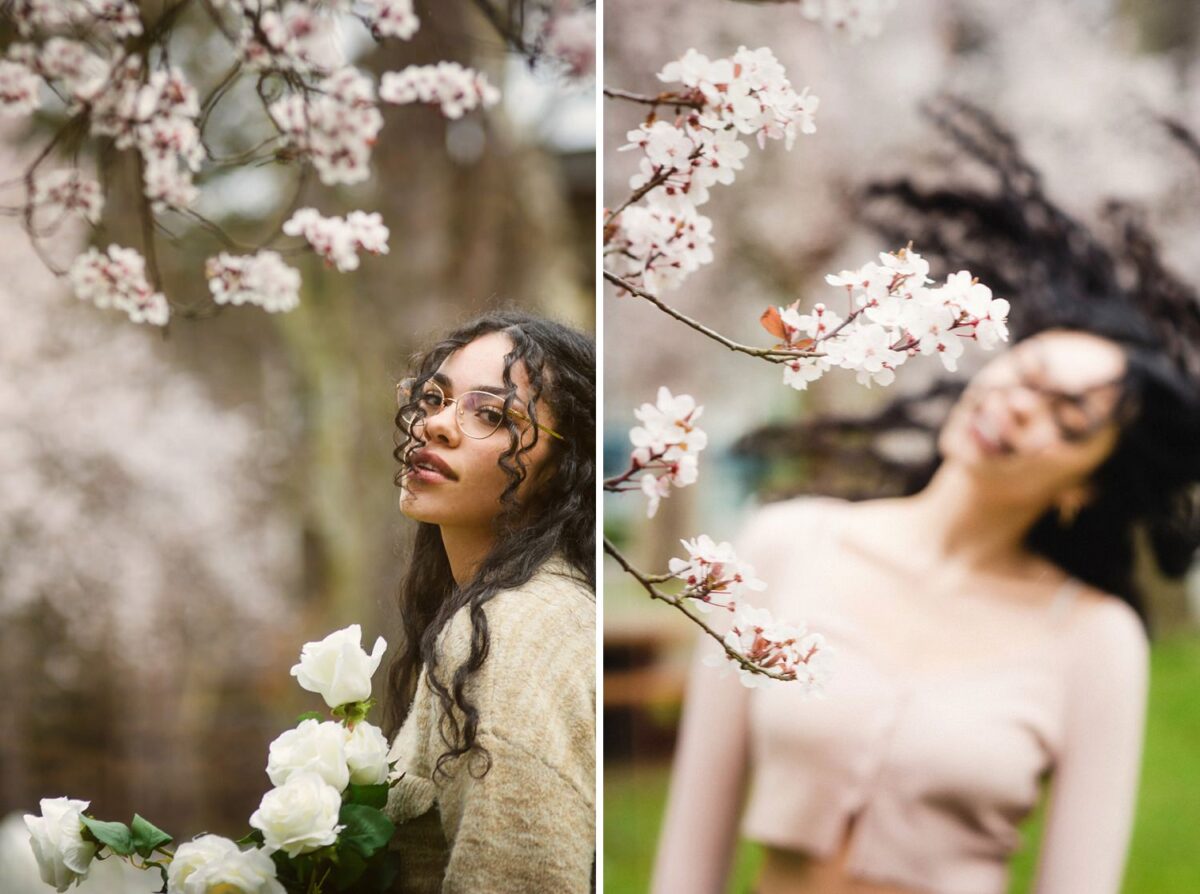 Beauty portrait with a woman in her twenties wearing pink. The portraits were taken at Thunderbird Park in Victoria BC during the spring when the cherry blossoms were blooming. This was a combination of a fashion shoot and a glamour or artistic shoot, with bespoke customized art portraits.