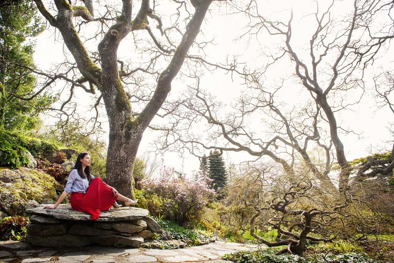 Victoria BC Abkhazi Gardens fashion model photo shoot with a red skirt