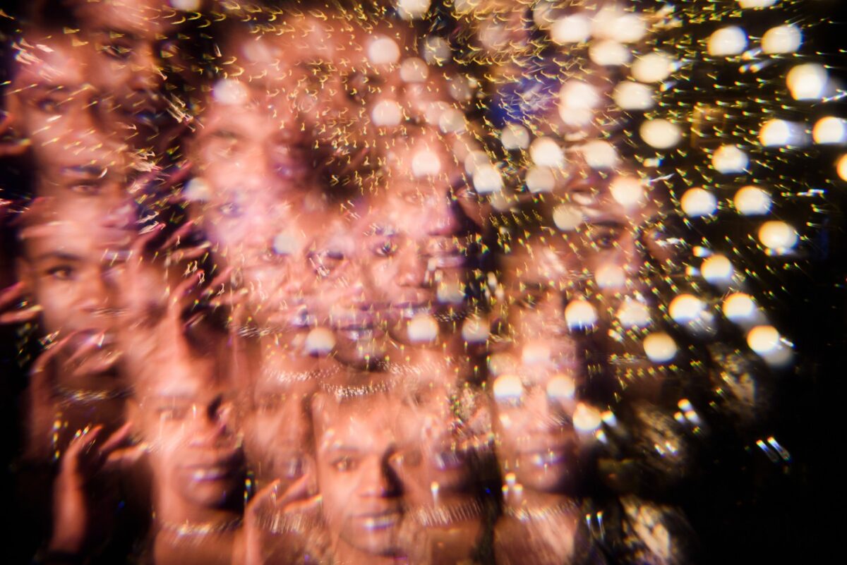 Creative kaleidoscope glasses effect during a portrait session.