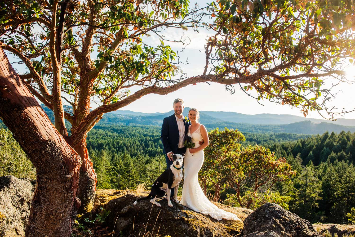 A wedding portrait with a dog.