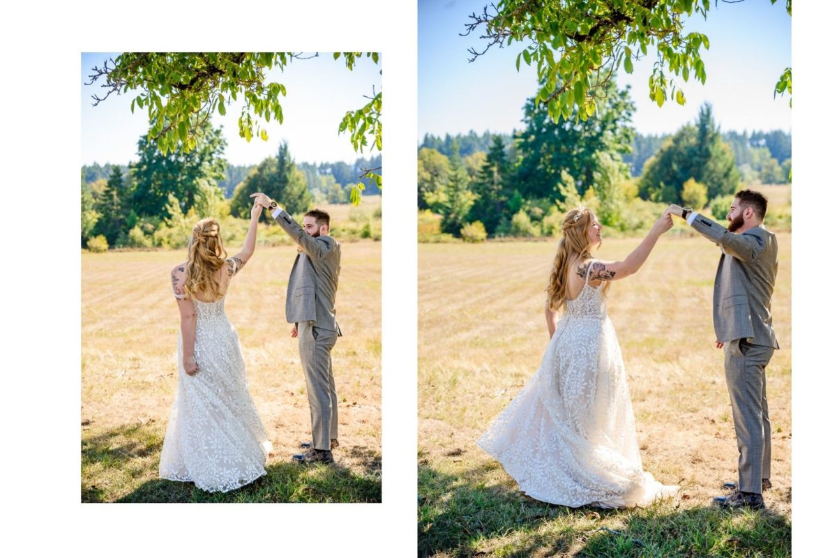 First look wedding photo with a twirl