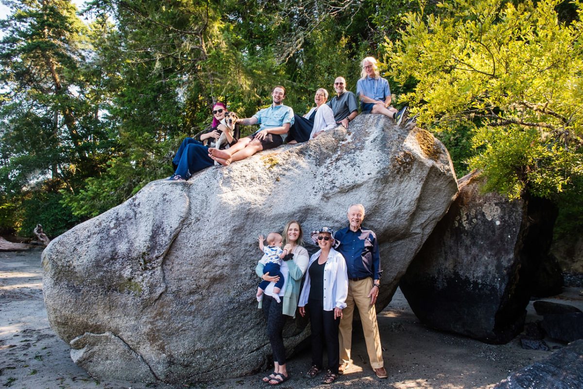 Family reunion portrait photography with great grandparents, grandparents and adult children in East Sooke Park near Victoria BC.