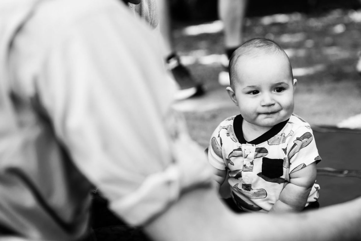 Candid baby portrait in black and white near Victoria BC