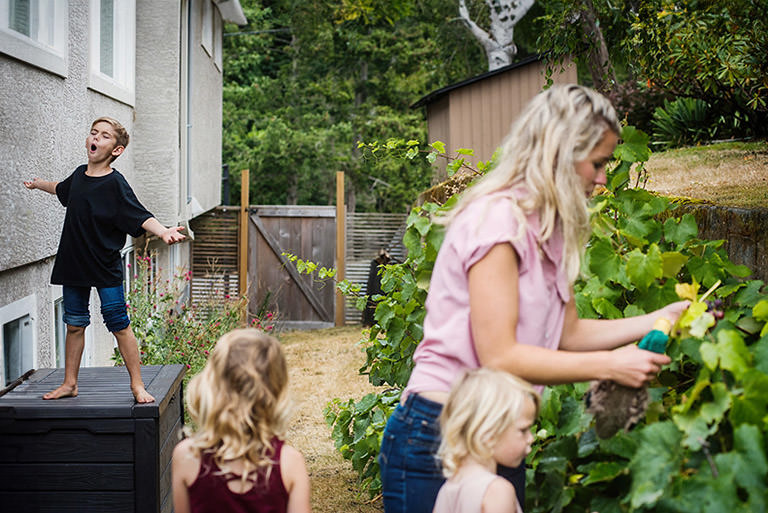 A documentary family photo take in a family's backyard in Victoria BC. The mother and two daughers are picking raspberries while their brother is standing on a container singing.