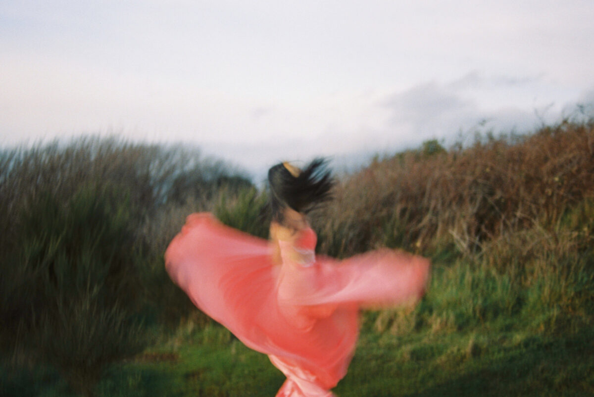 Abstract creative photo of a woman dancing in a pink dress near the tall grass at Macaulay Point Park in Victoria bC