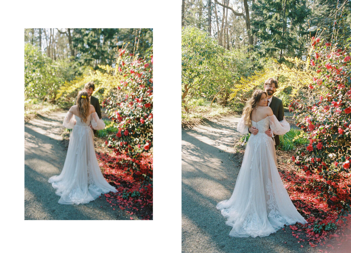 Finnerty gardens wedding photography of a couple facing each other next to a rhodo bush in the spring time. This is a film photograph. 