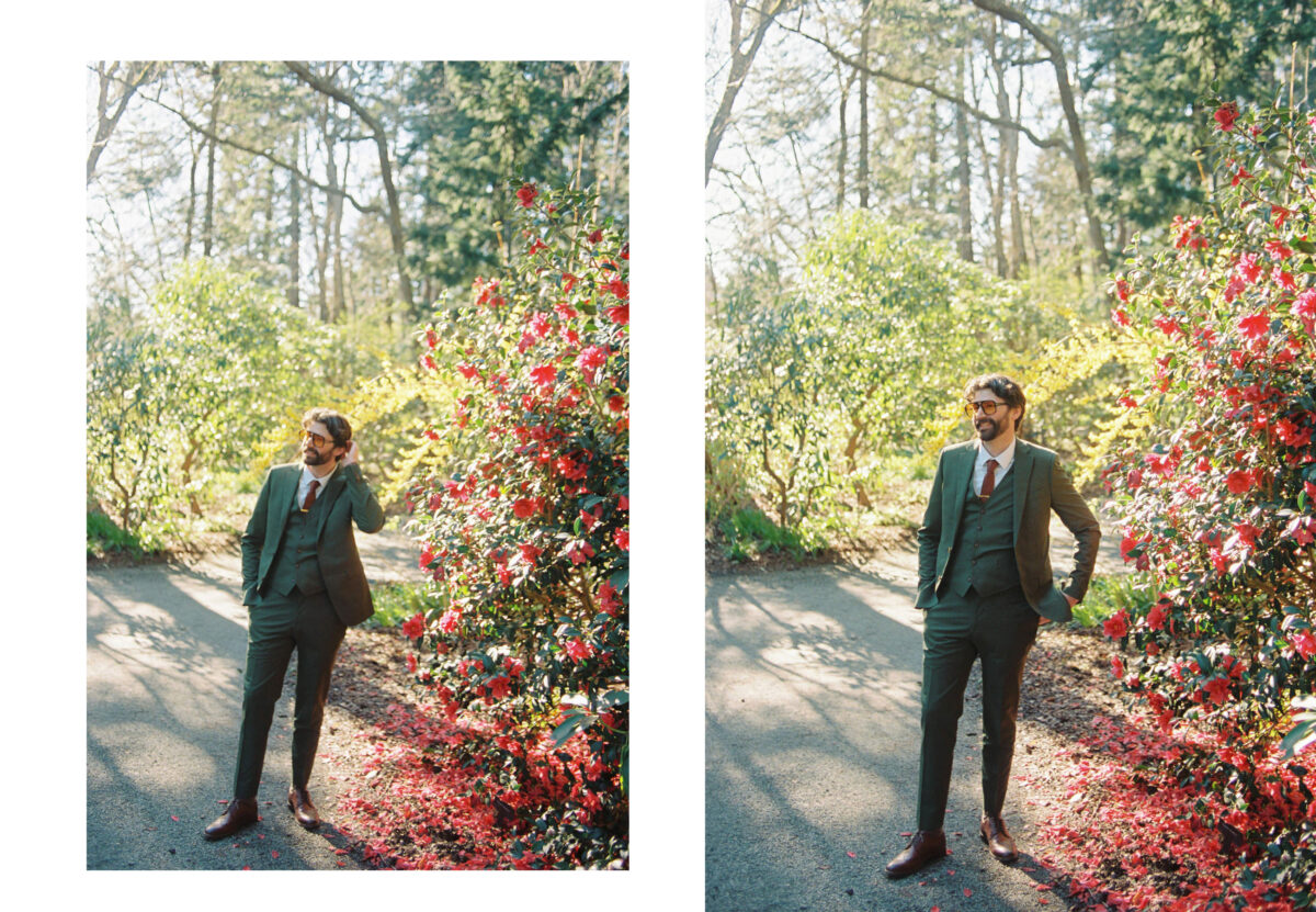 A groom wearing a custom green Indochino suit, available in Vancouver, at Finnerty Gardens during a wedding photography session on film. 