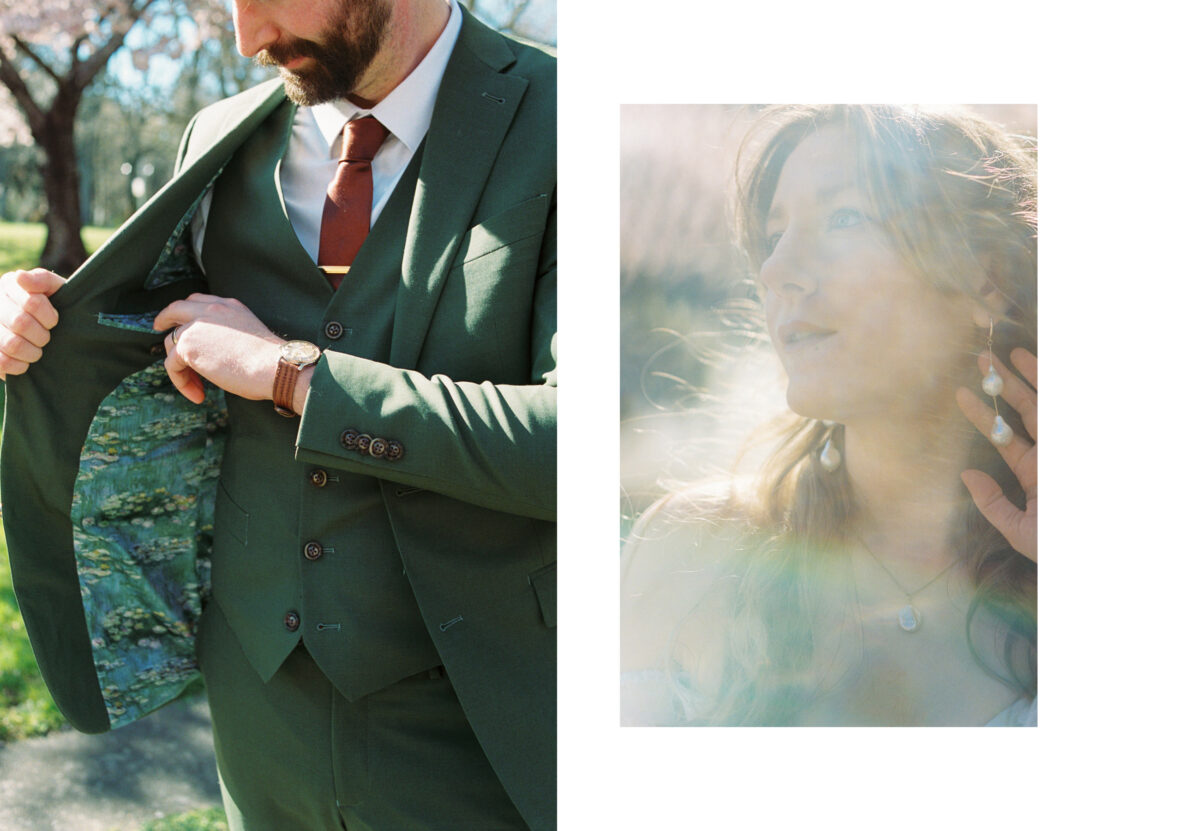 Detail photos of  a custom green Indochino suit with monet's water lillies printed on the lining. This is an editorial wedding photo by a Victoria BC photographer. 