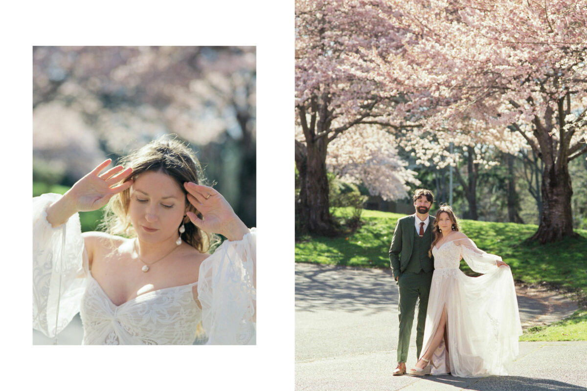 Fuji400h portraits on film at Uvic during a wedding photography session in the spring. One photo is of the bride playing with her hair and the other is a full length image of the couple with the bride playing with her dress. 