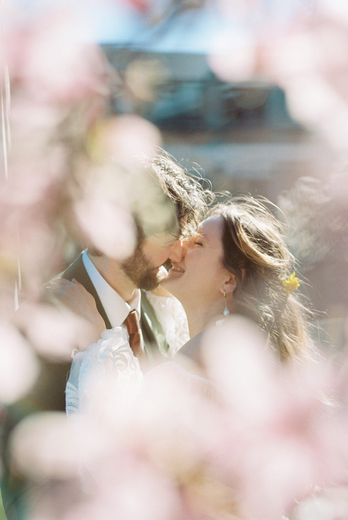 A photo of a couple laughing with bokeh of cherry blossoms at Uvic campus during a wedding photography session in spring. 