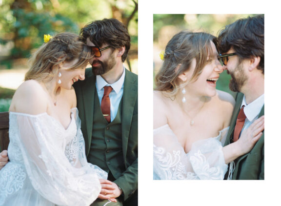 A couple on their wedding day is photographed laughing at each other on a park bench at Uvic campus in Victoria BC. Photographed on film.