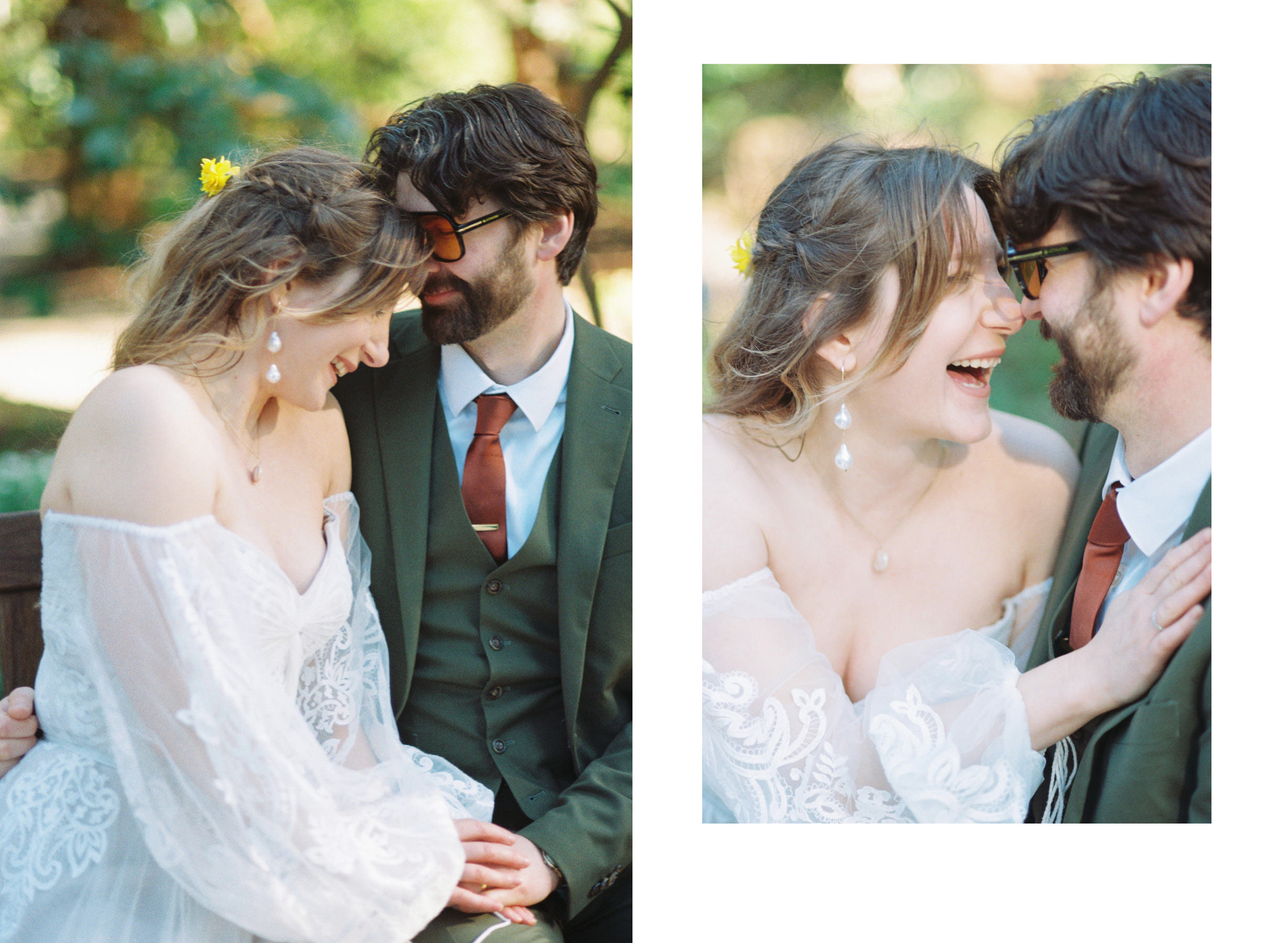 A couple on their wedding day is photographed laughing at each other on a park bench at Uvic campus in Victoria BC. Photographed on film.