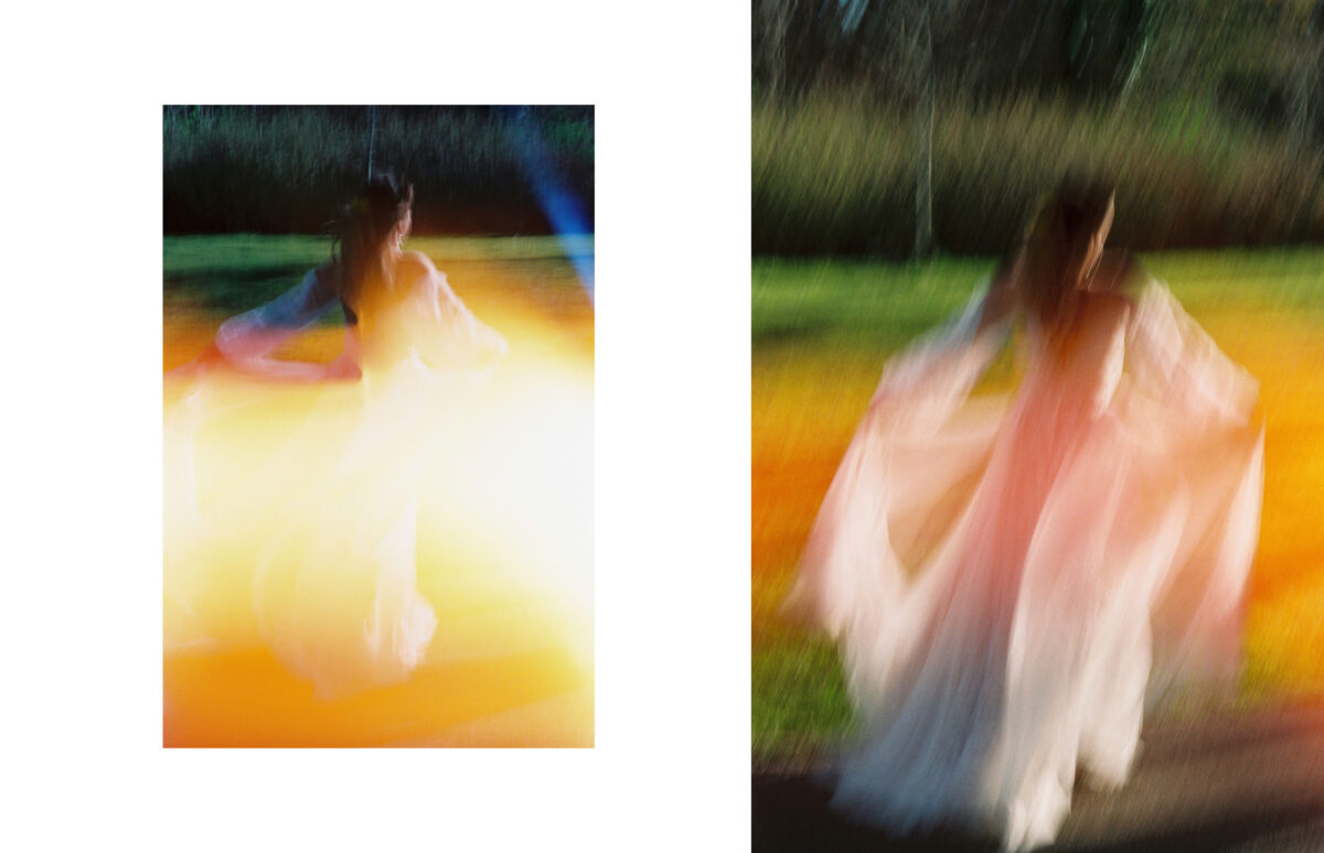 An artistic creative wedding photograph of a bride with motion blur and a light leak wearing a boho wedding dress in Victoria BC. 