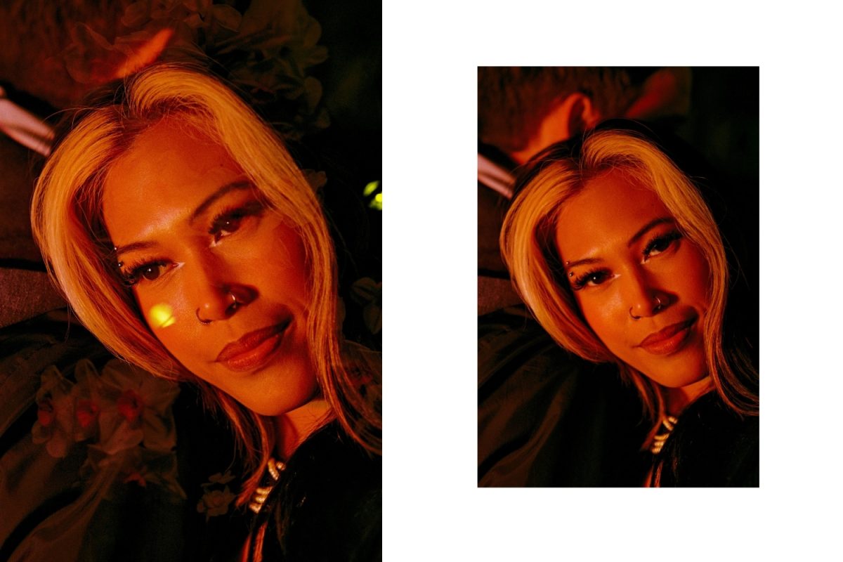 A fashion model photo shoot at night using Kodak Ultramax 400 35mm film scanned and developed by the Canadian Film Lab. A red light illuminates the model