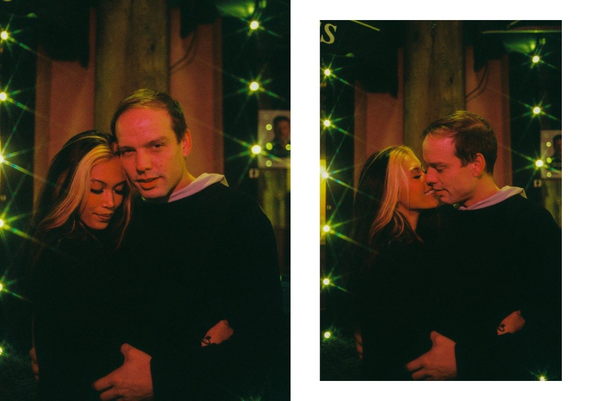 Grainy portraits at night of a couple during an anniversary portrait session in Sidney BC near Victoria shot on Kodak Ektacolor Pro 800 35mm film.