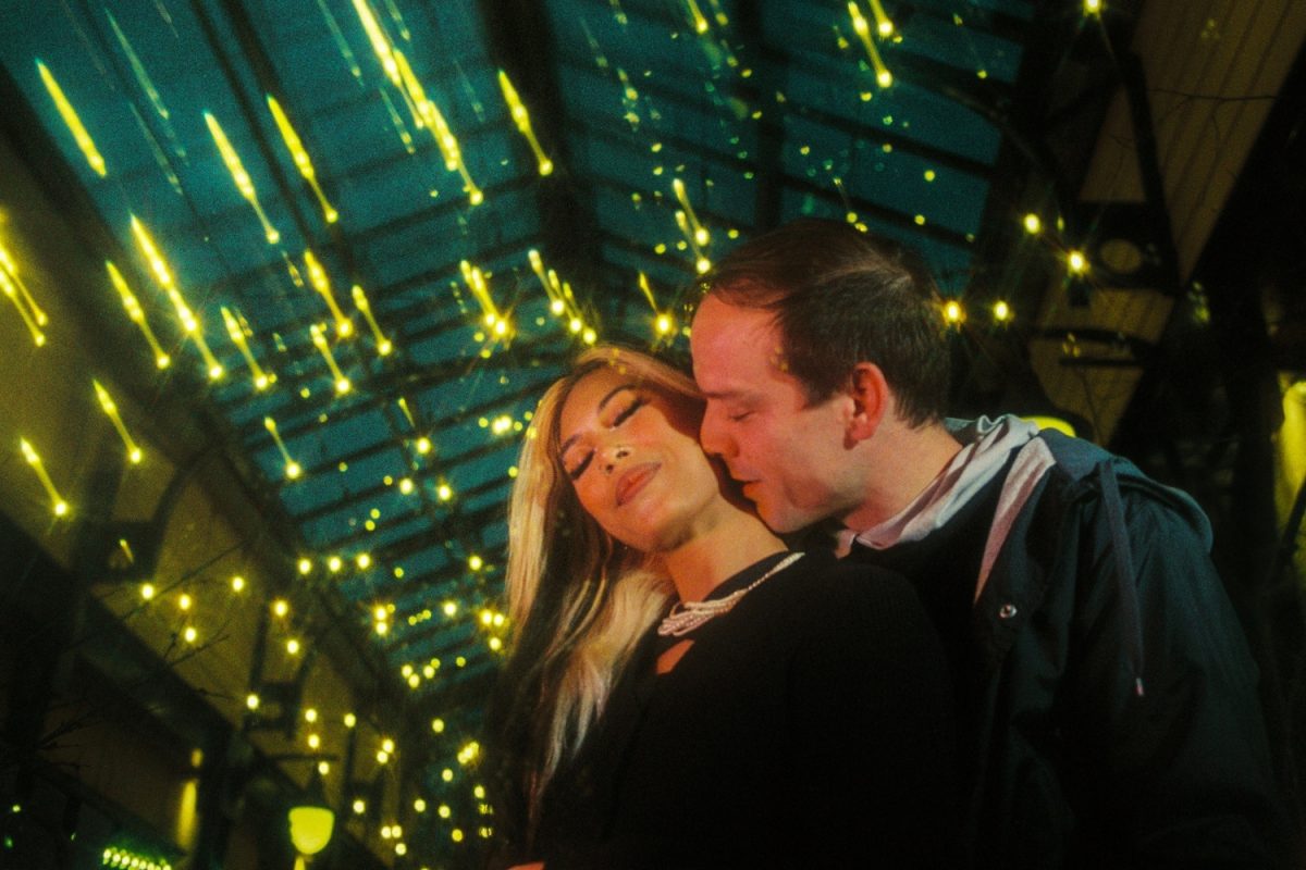 A creative portrait shot on Kodak Ektacolor Pro 800 35mm film in Victoria BC with a couple at night.