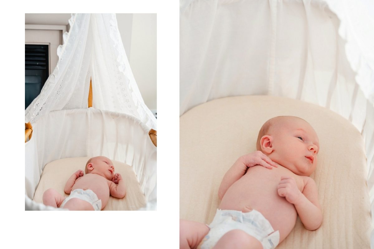 A colour image of a baby in a bassinette. Taken at home during a newborn portrait session in Langford BC. 