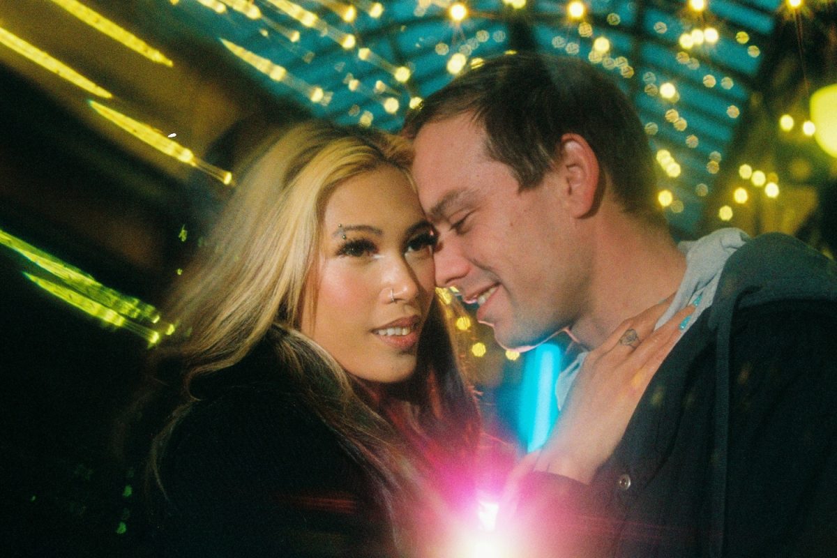 A sexy anniversary portrait session during blue hour twilight at night in Victoria BC using Ektacolor Pro 800 35mm film.